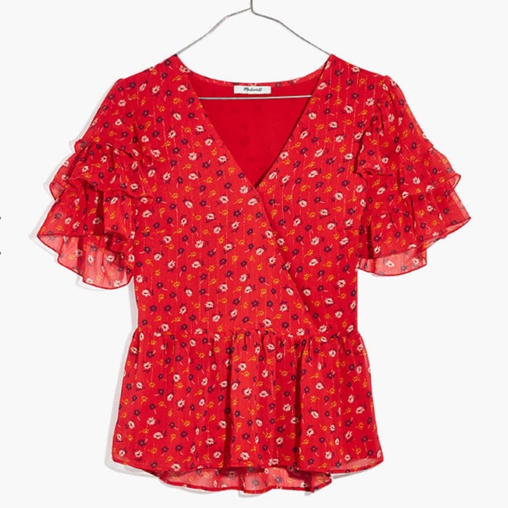 Madewell Tiered Peplum Red Printed Blouse Top